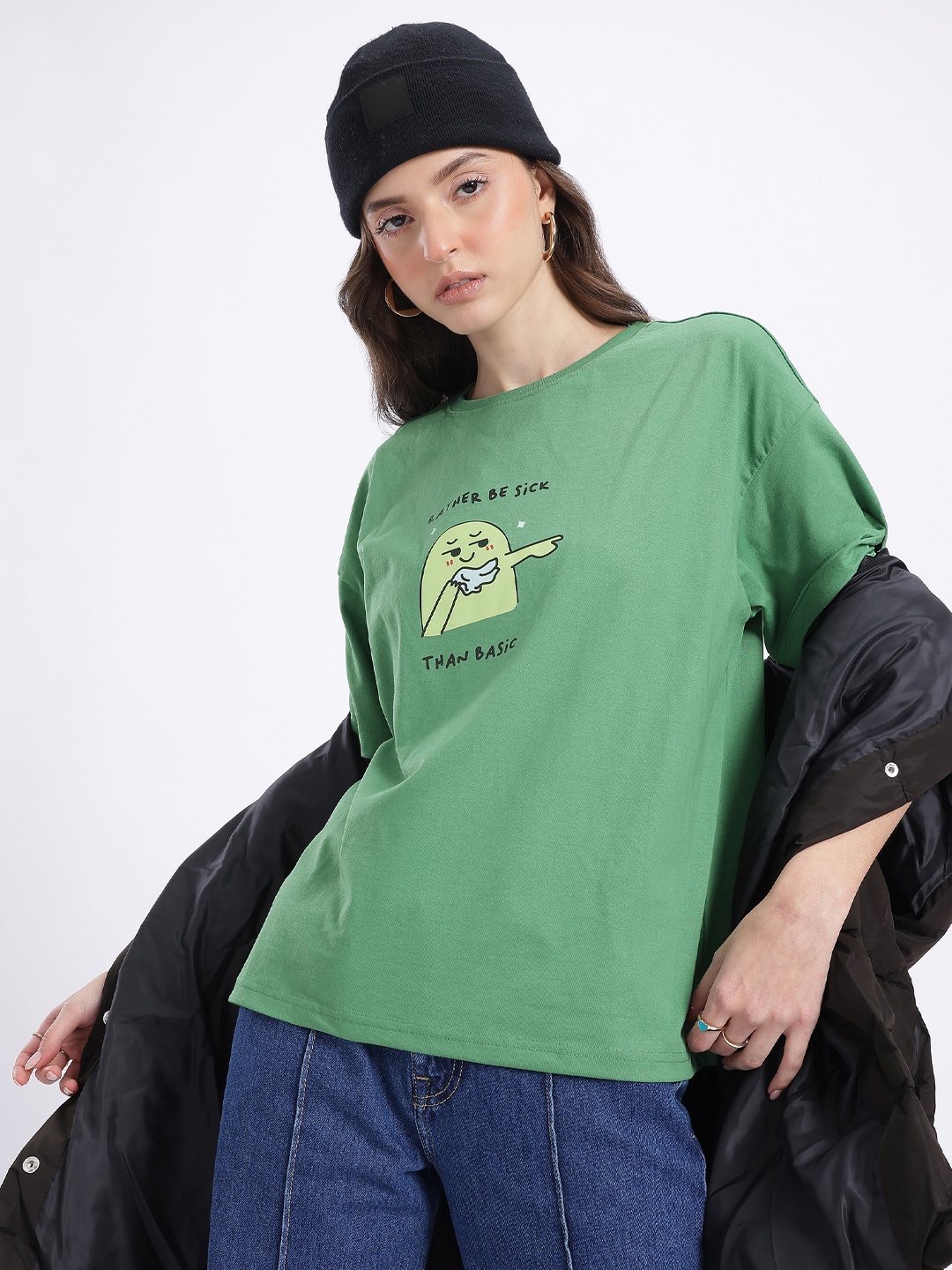 

glitchez Never Basic Graphic Print Drop-Shoulder T-shirt, Green