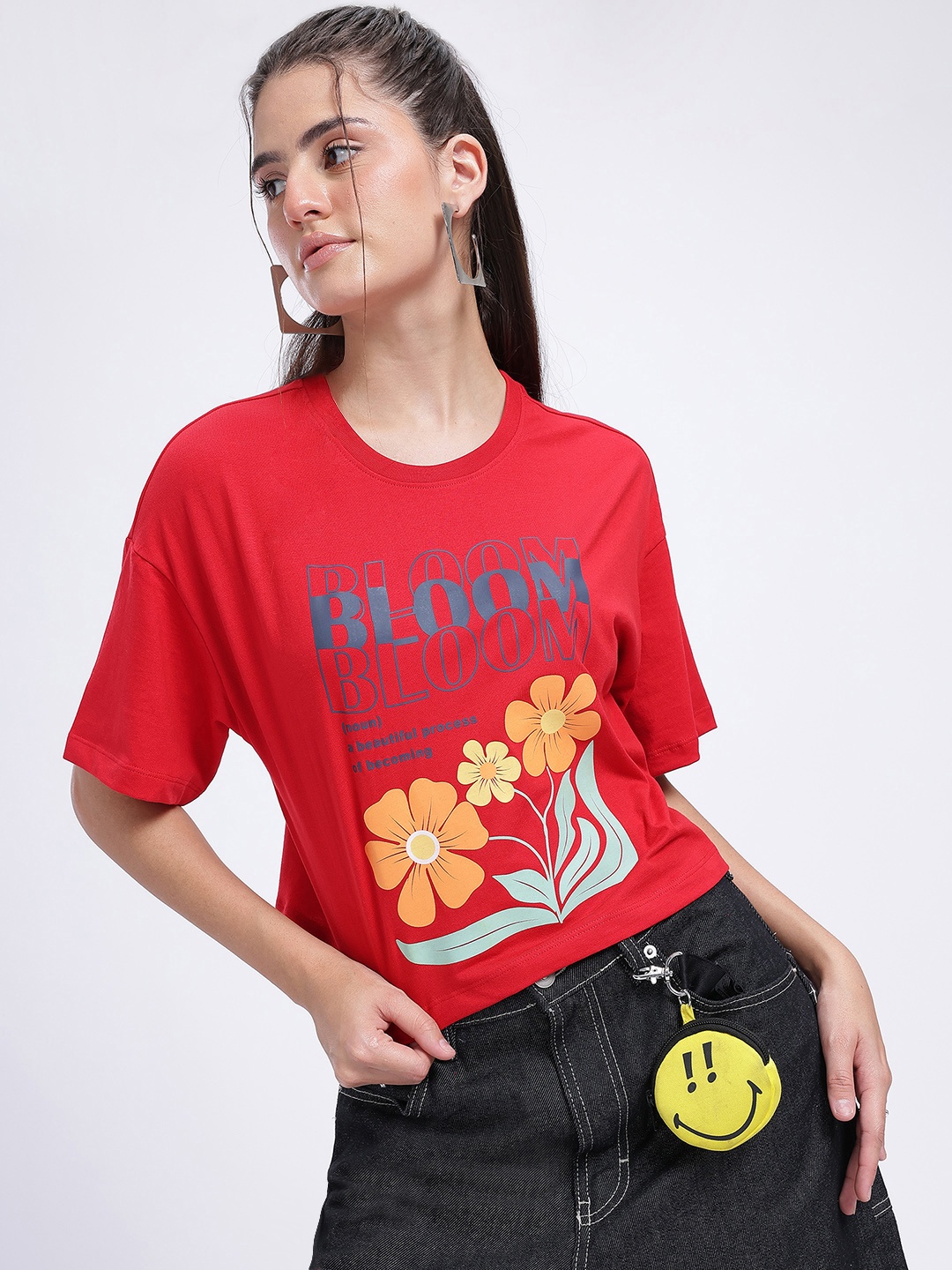 

glitchez Bloom Bliss Printed Drop-Shoulder Sleeves T-shirt, Red