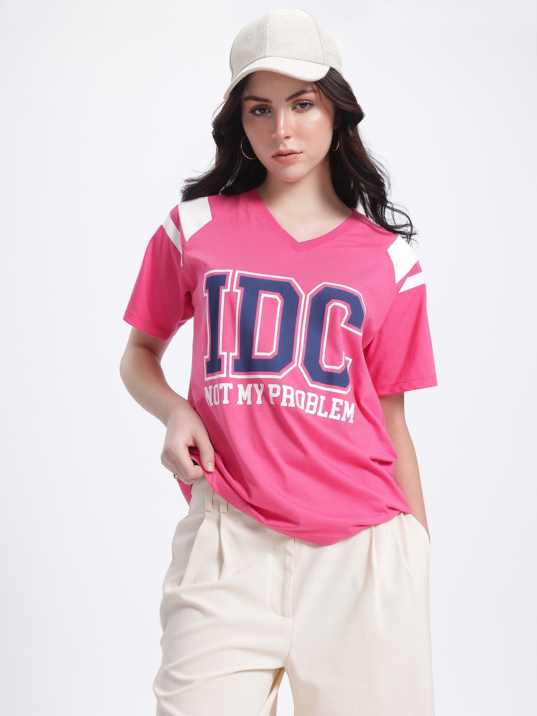 

glitchez Savage Statement Printed V-Neck T-shirt, Pink