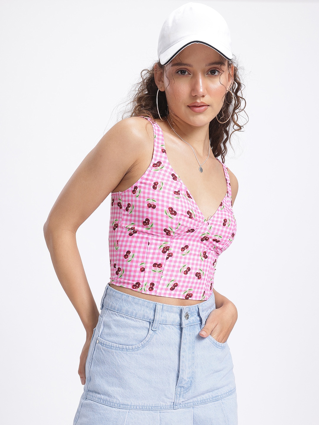 

glitchez Cherried Up Checked Crop Corset Top, Pink