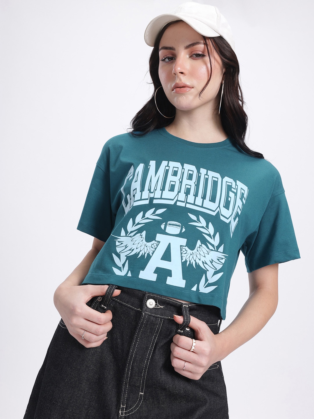 

glitchez Retro Varsity Drop-Shoulder Printed Crop T-shirt, Teal