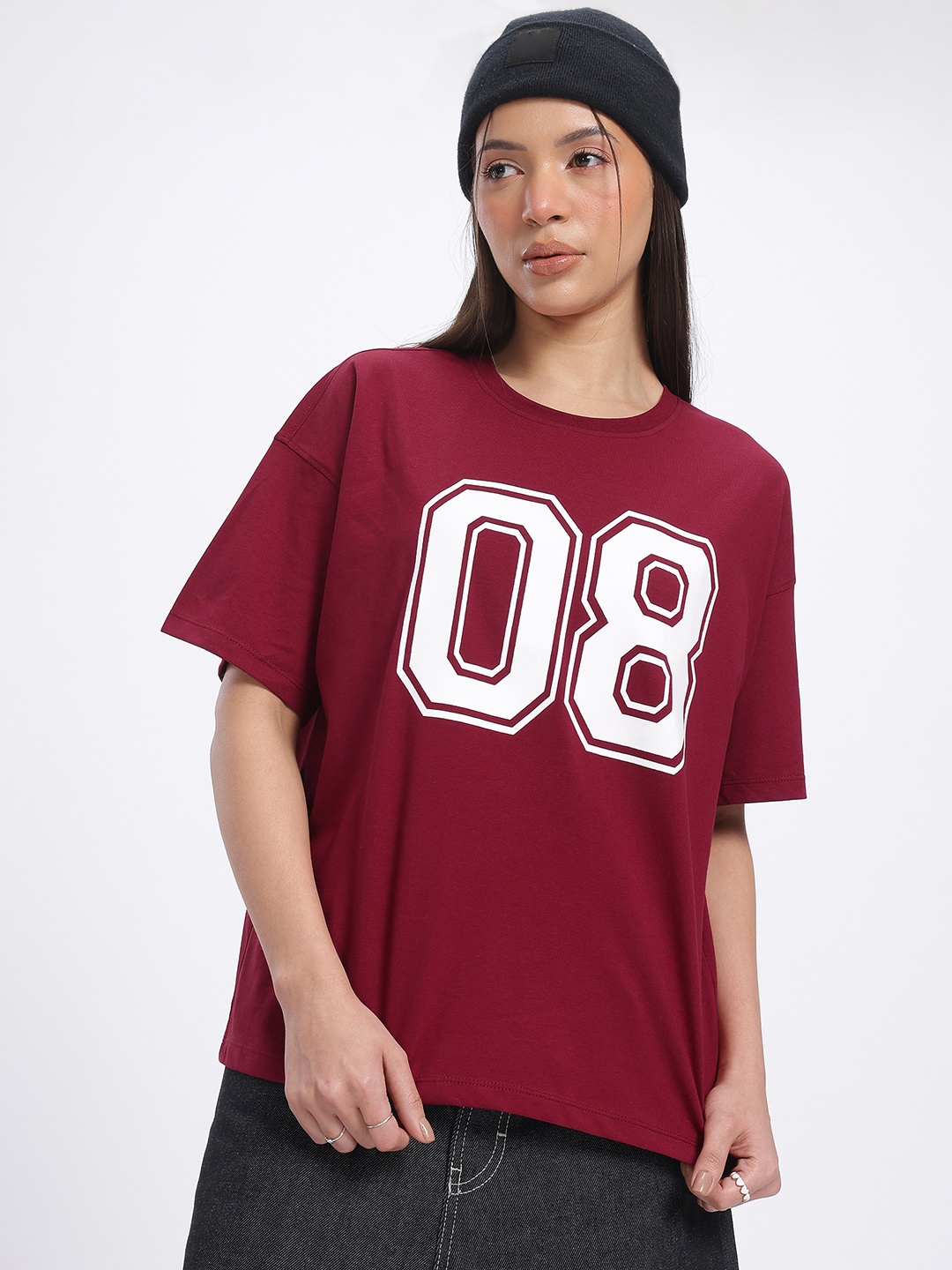 

glitchez Varsity Verve Printed Drop-Shoulder Sleeves T-shirt, Maroon
