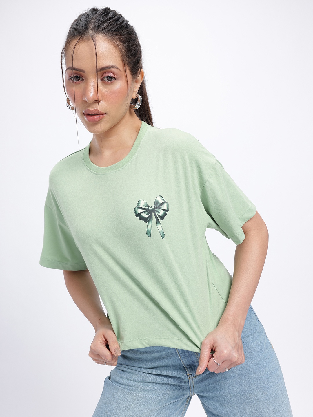 

glitchez Statement Bow Print Drop-Shoulder T-shirt, Green