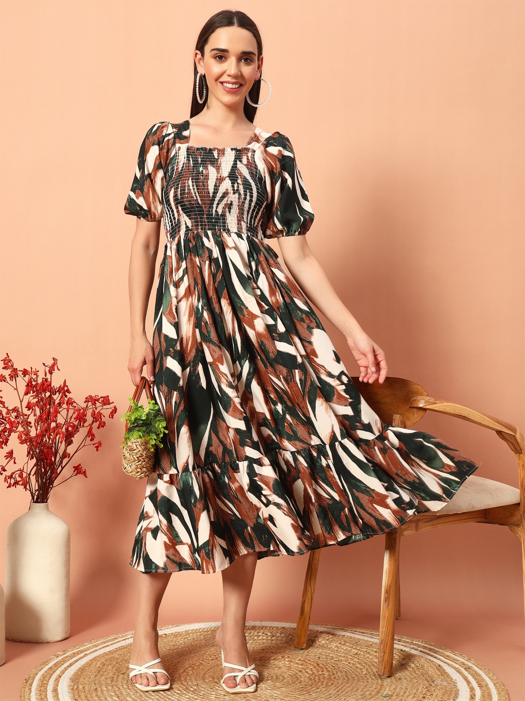 

ZWERLON Women Geometric Printed Puff Sleeve Applique Formal A-Line Midi Dress, Green