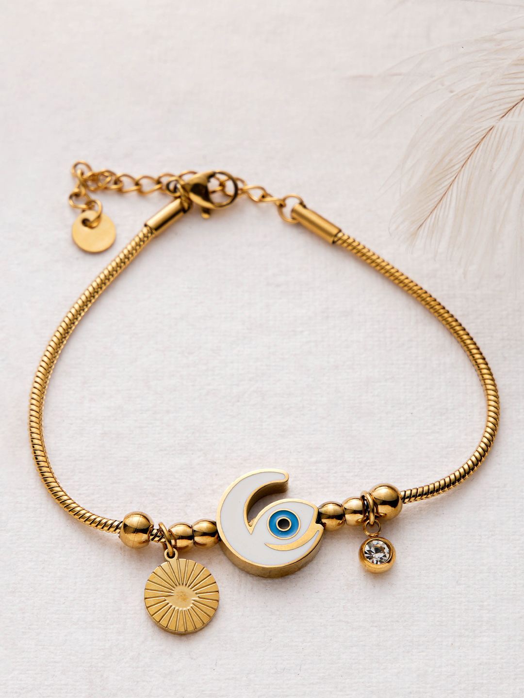 

SWASHAA Gold-Plated Stainless Steel Cubic Zirconia Studded Evil Eye Charm Bracelet