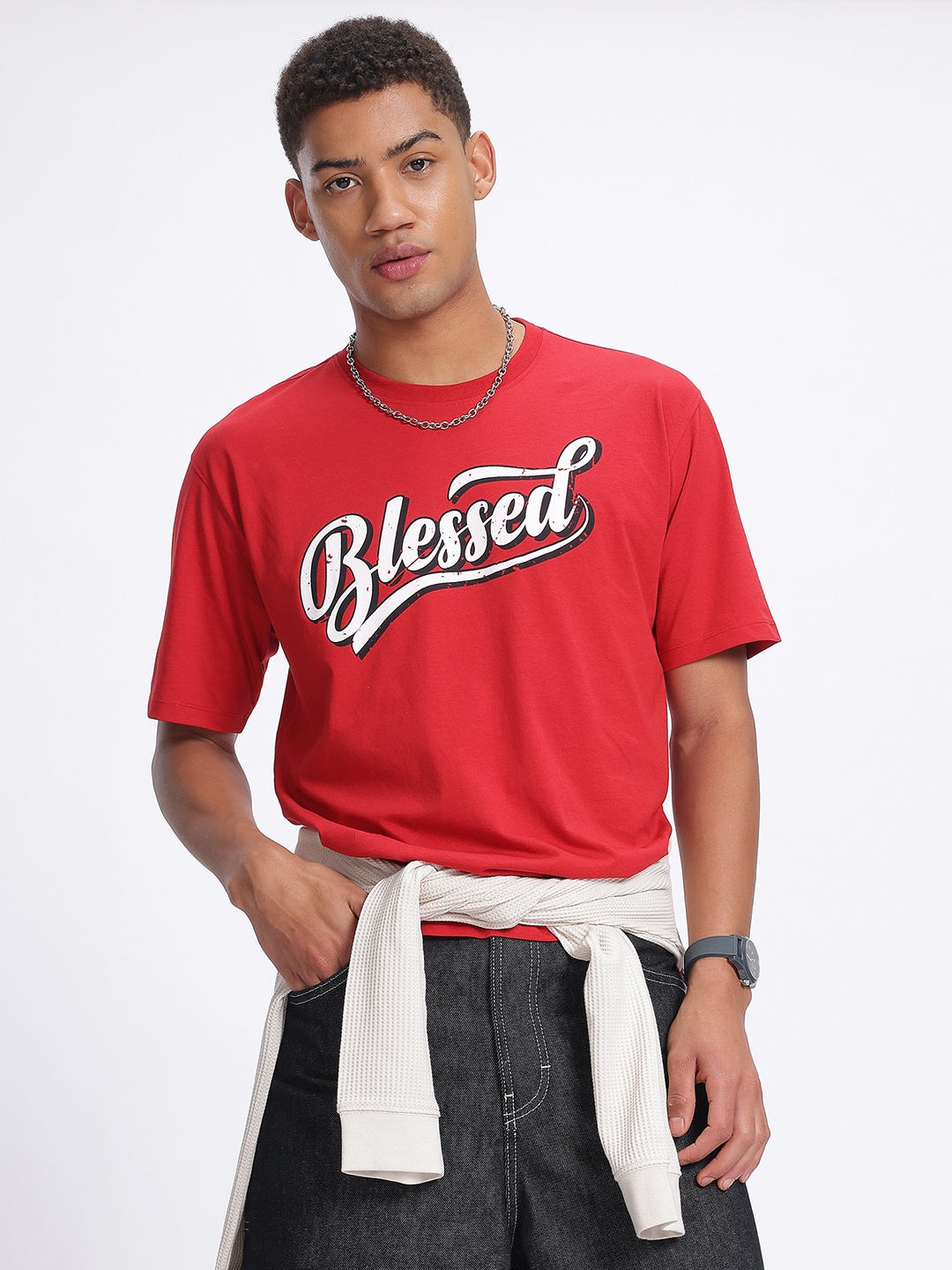 

glitchez Statement Words Printed Drop-Shoulder Sleeves Relaxed Fit T-shirt, Red