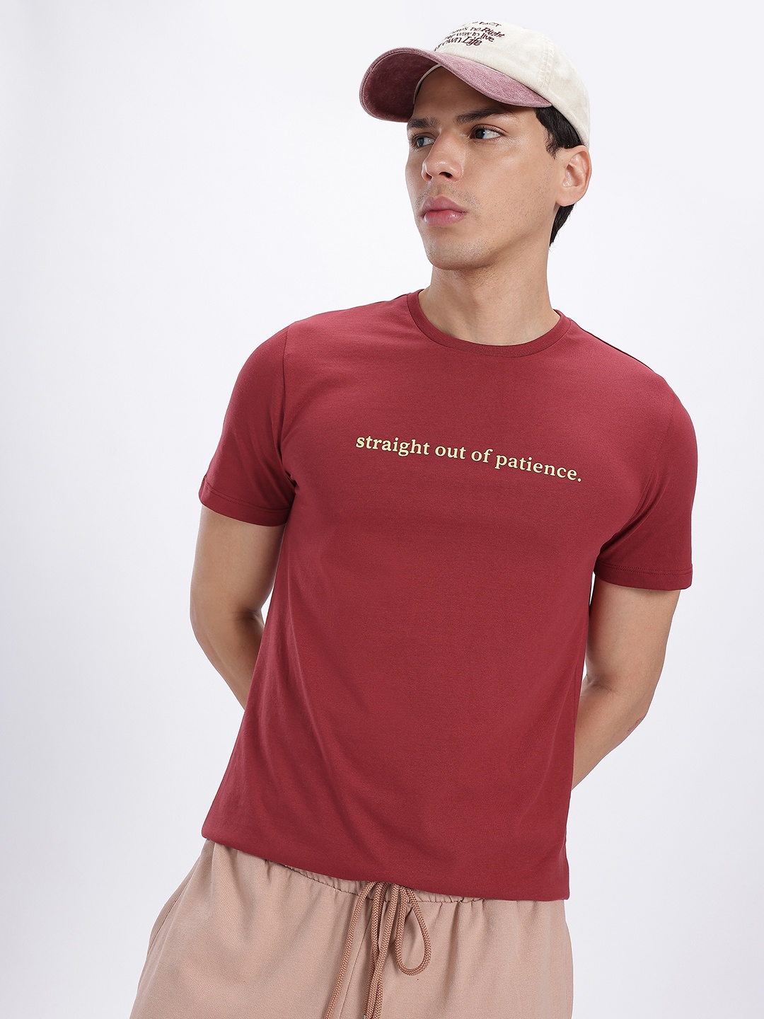 

glitchez Casual Mood Typo Print T-shirt, Maroon