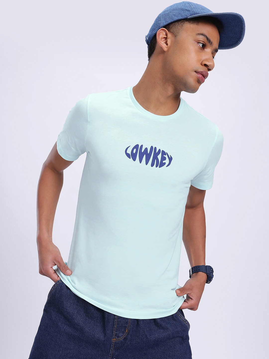

glitchez Lowkey Vibes Typography Printed T-shirt, Blue