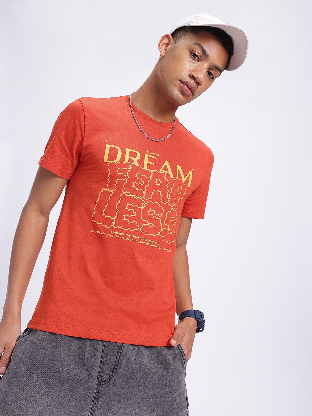 

glitchez Fearless Dreamscape Typography Printed T-shirt, Rust