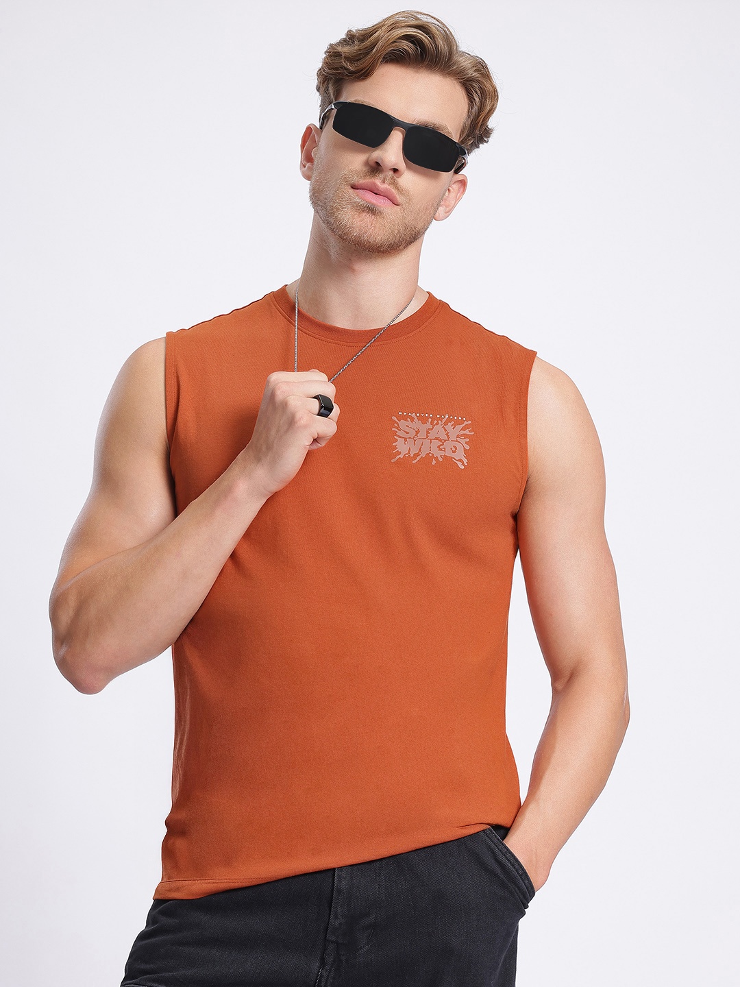 

glitchez Edgy Tank Placement Print Sleeveless Tee, Rust