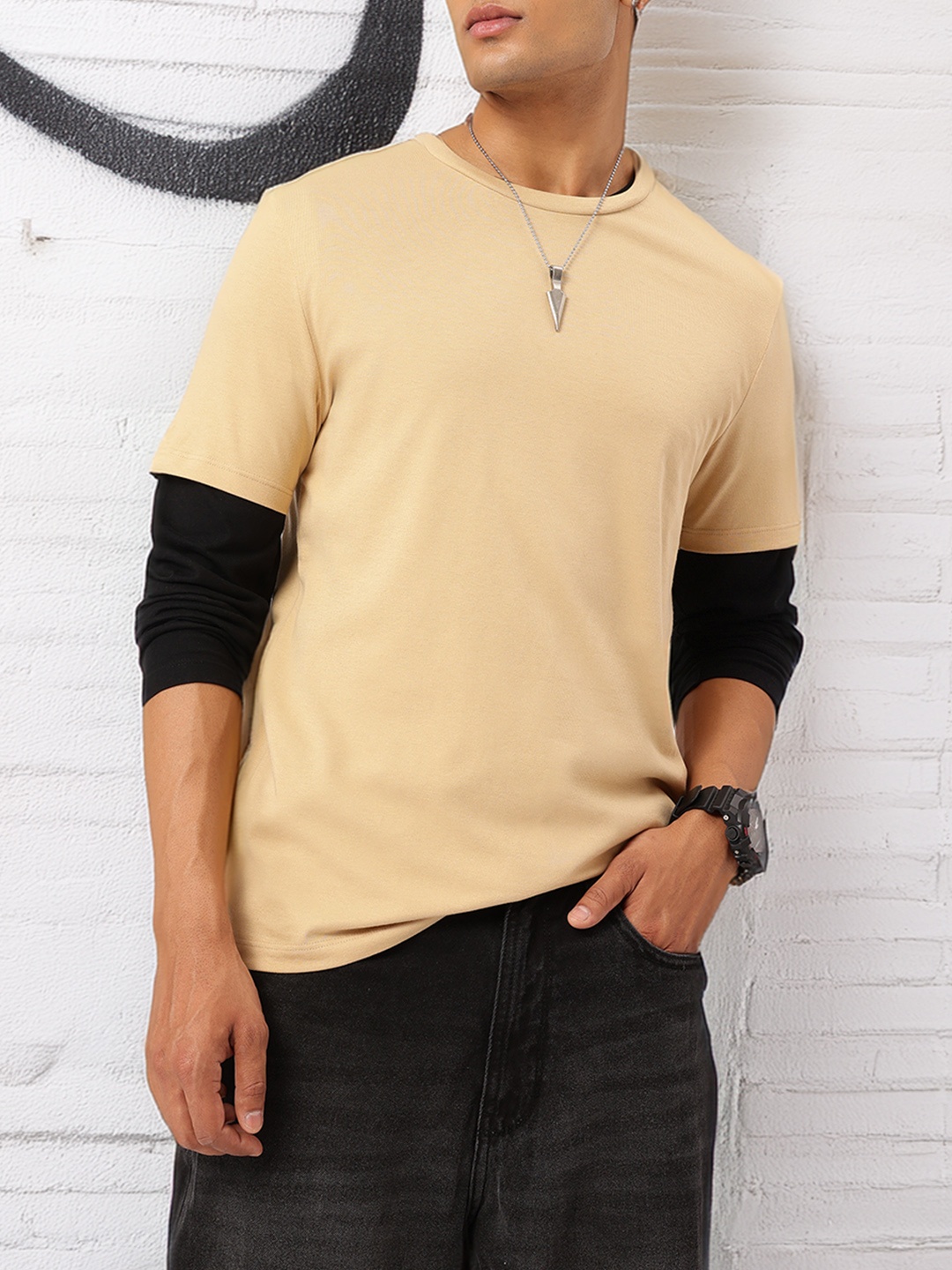 

glitchez Earthy Element Conversational Printed T-shirt, Beige