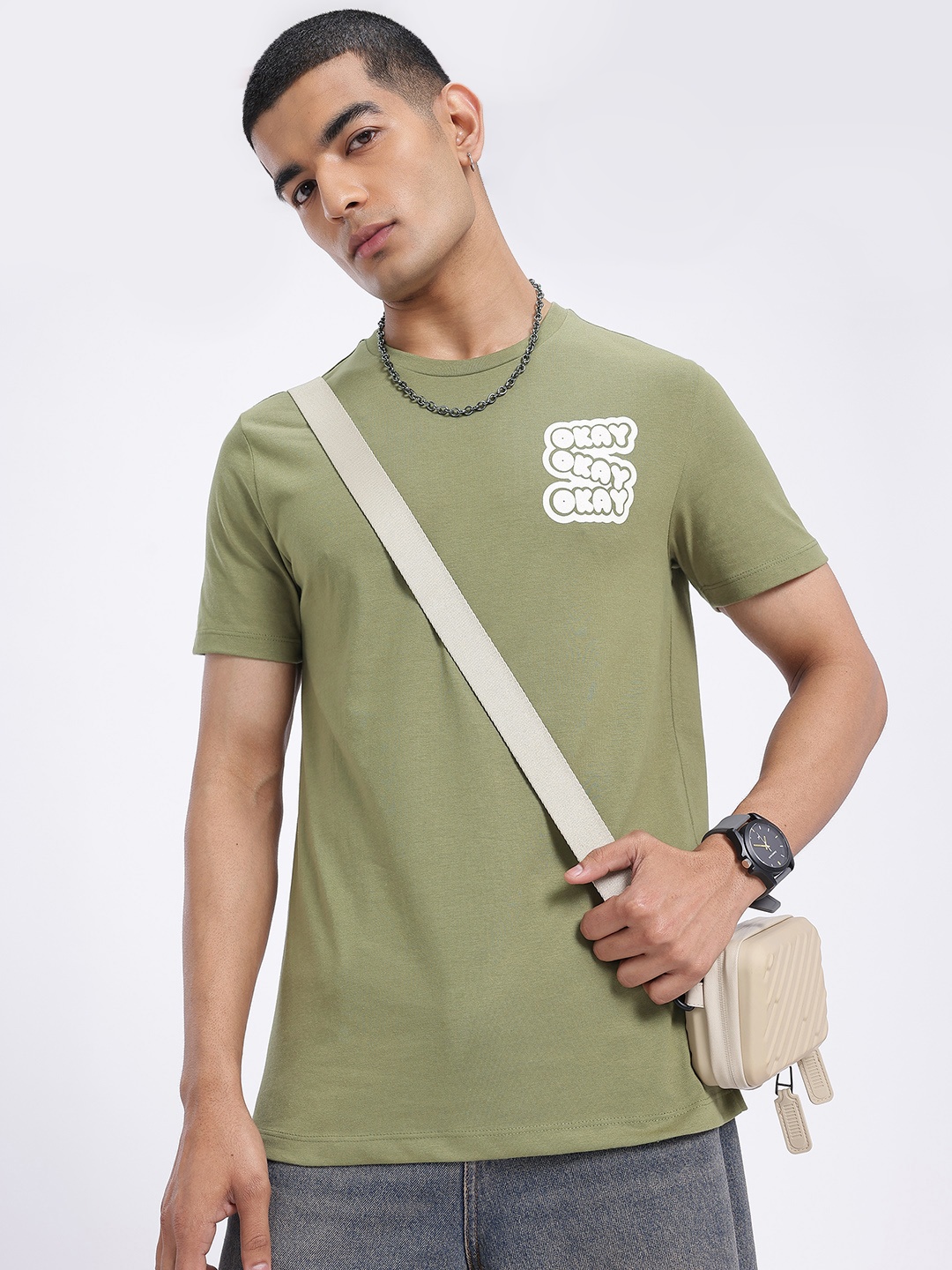 

glitchez Subtle Message Print Regular Fit T-shirt, Olive