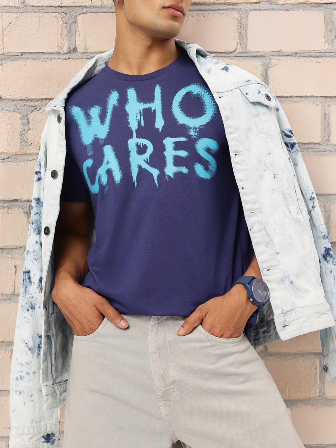 

glitchez Carefree Vibes Typography Printed T-shirt, Blue