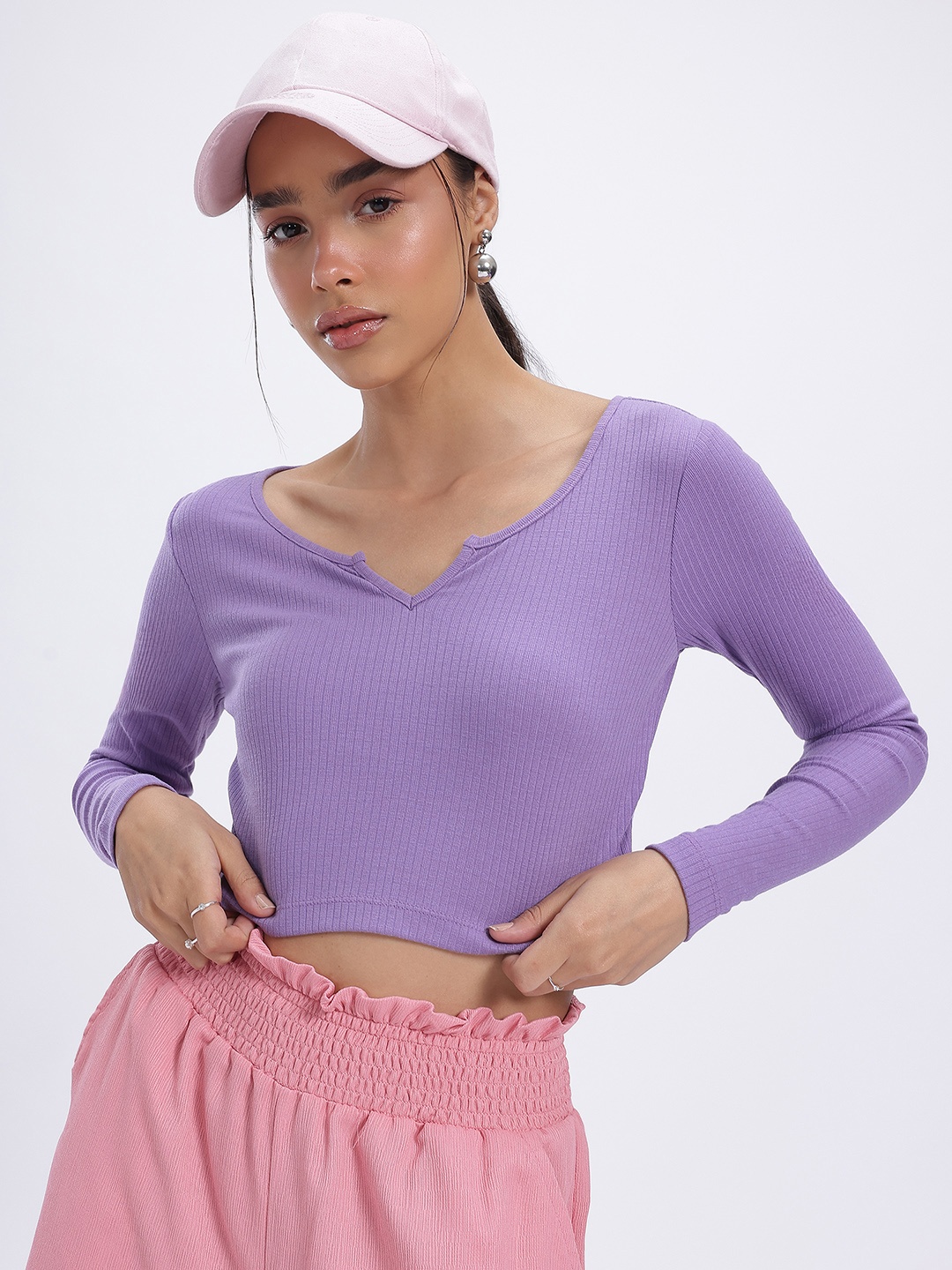 

glitchez Snug Rebel Notched Neck Ribbed Crop Top, Purple