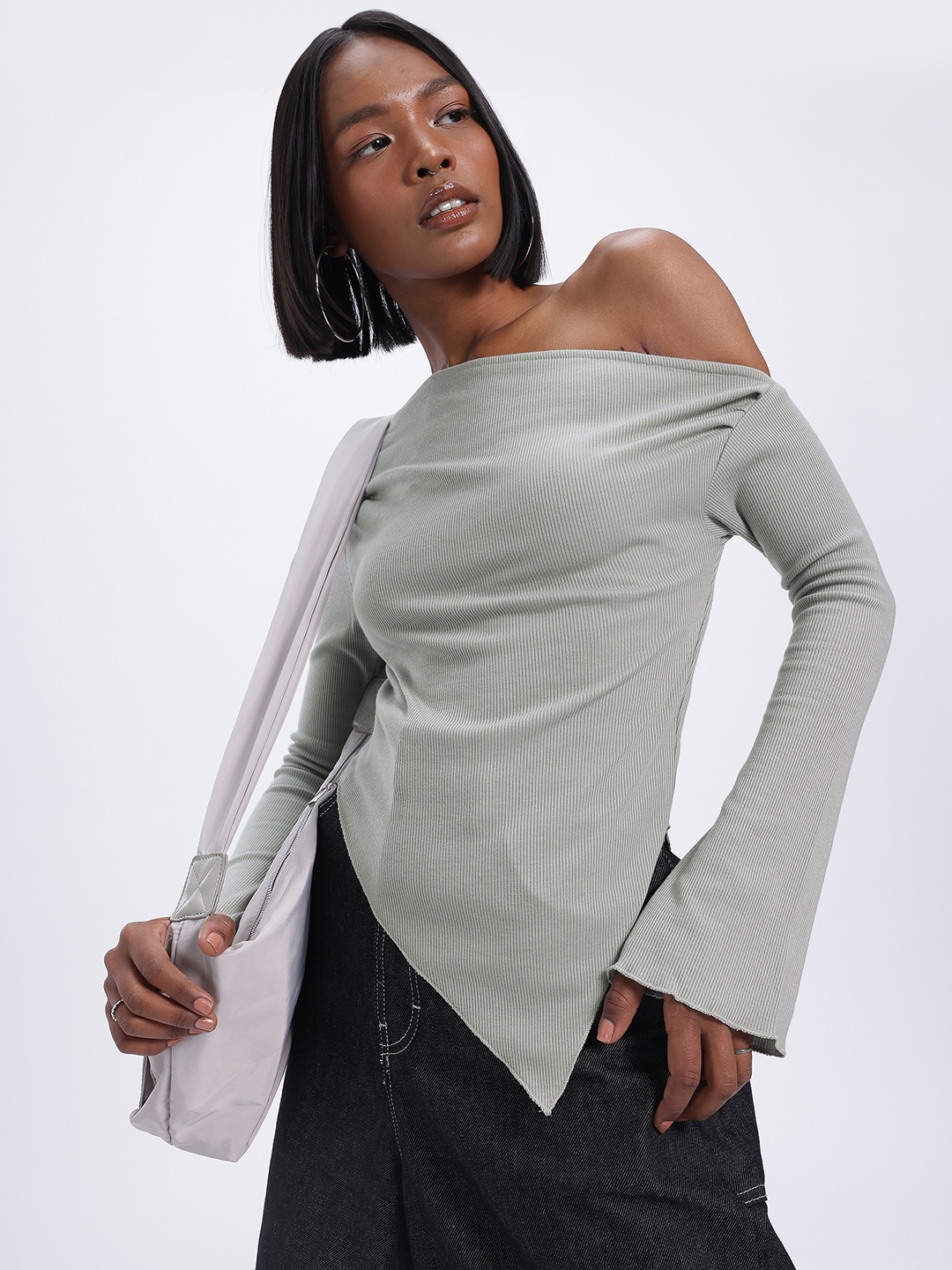 

glitchez Ribbed Edge Asymmetric Slim Fit Top, Grey