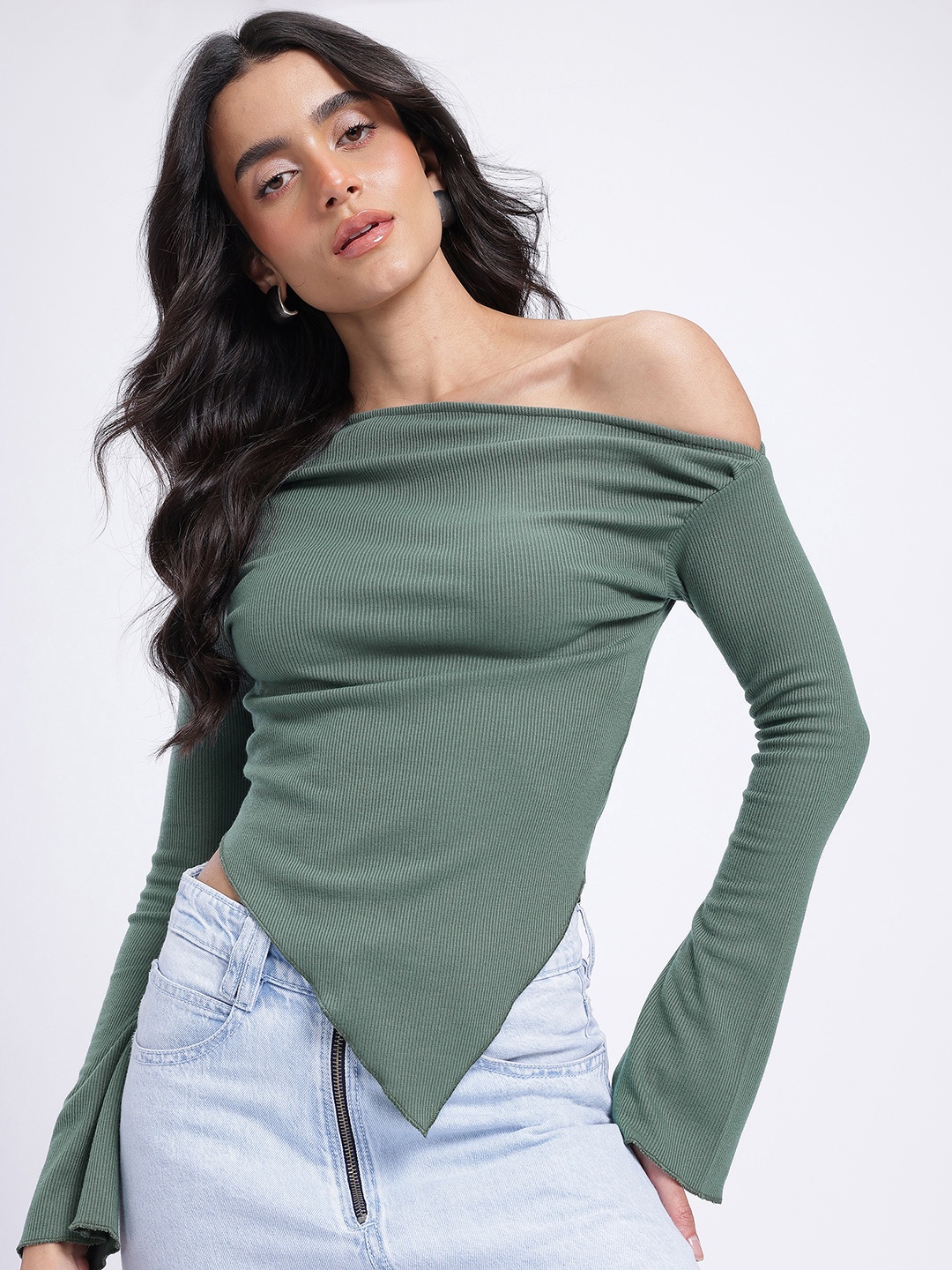 

glitchez Ribbed & Ready One Shoulder Asymmetric Hem Top, Green