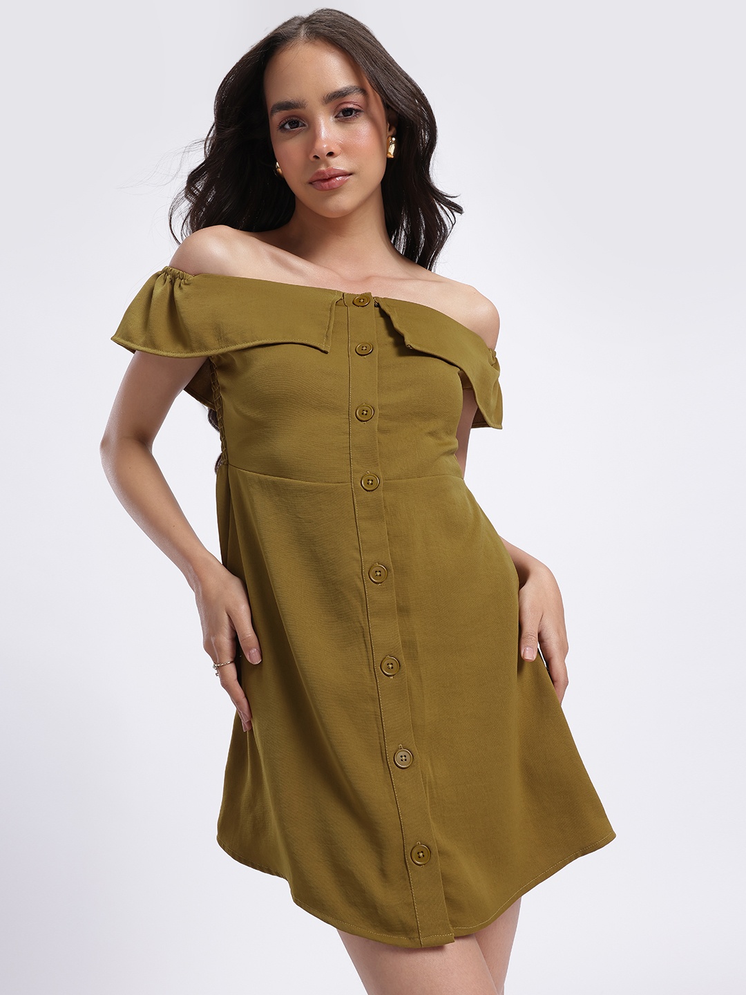 

glitchez Whimsical Wonder Smocked Back Off-Shoulder Mini A-Line Dress, Olive
