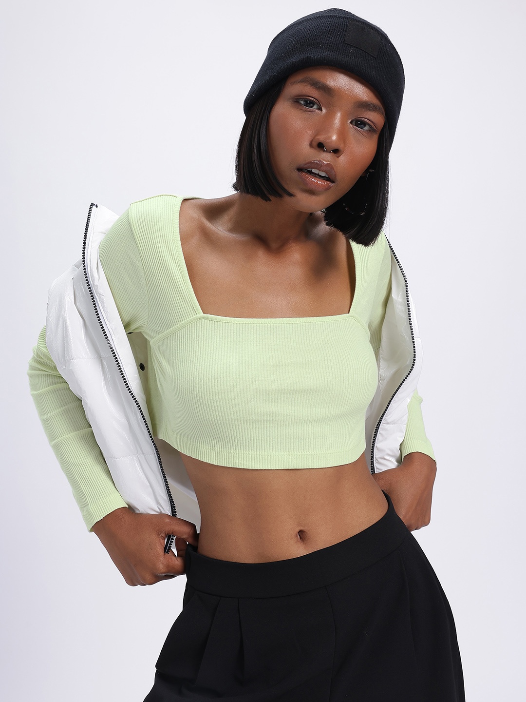 

glitchez Ribbed Edge Square Neck Crop Top, Lime green