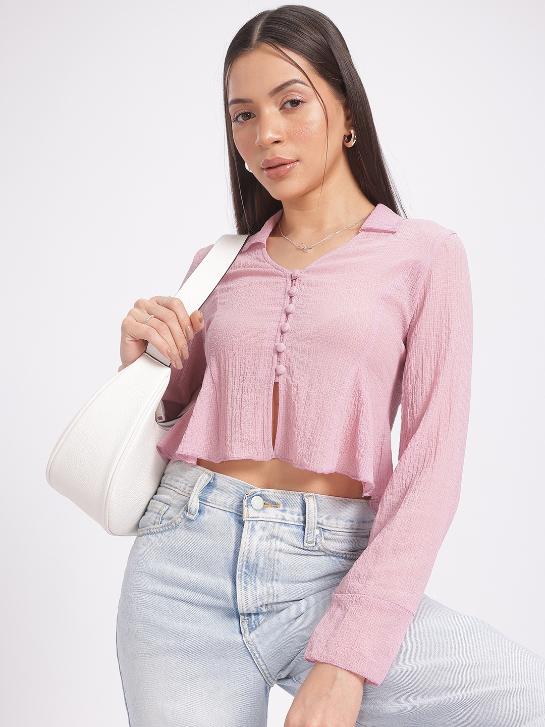 

glitchez Sugar Rush Textured Cropped Peplum Top, Pink