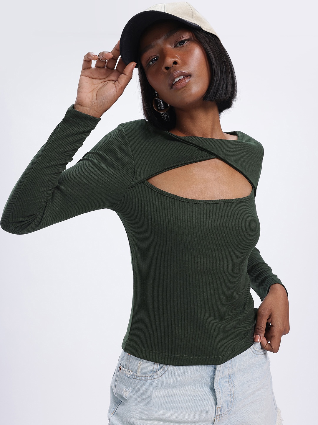 

glitchez Twist Core Cut-Out Ribbed Fitted Top, Olive