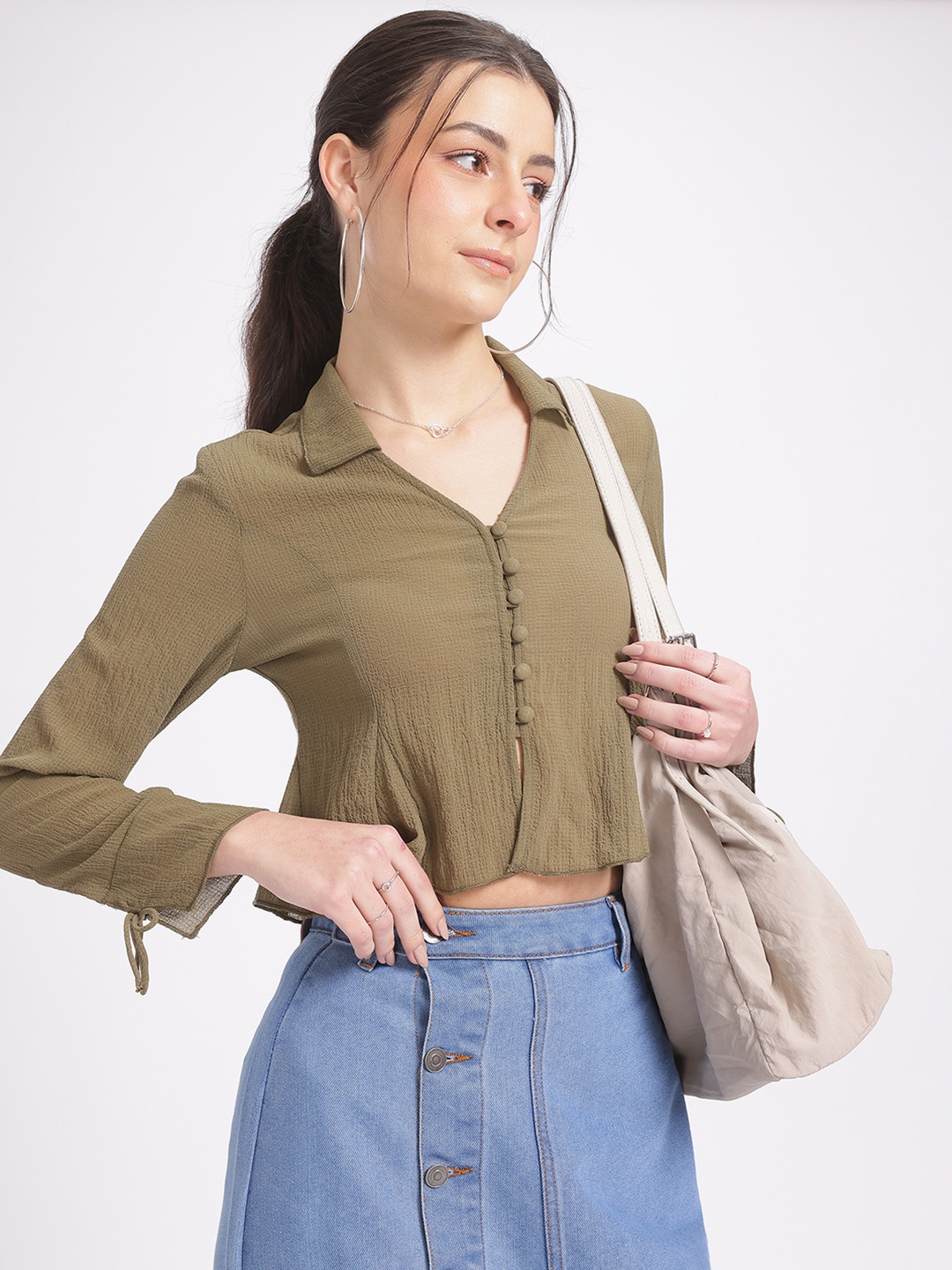 

glitchez Sweetheart Style Textured Cropped Peplum Top, Olive