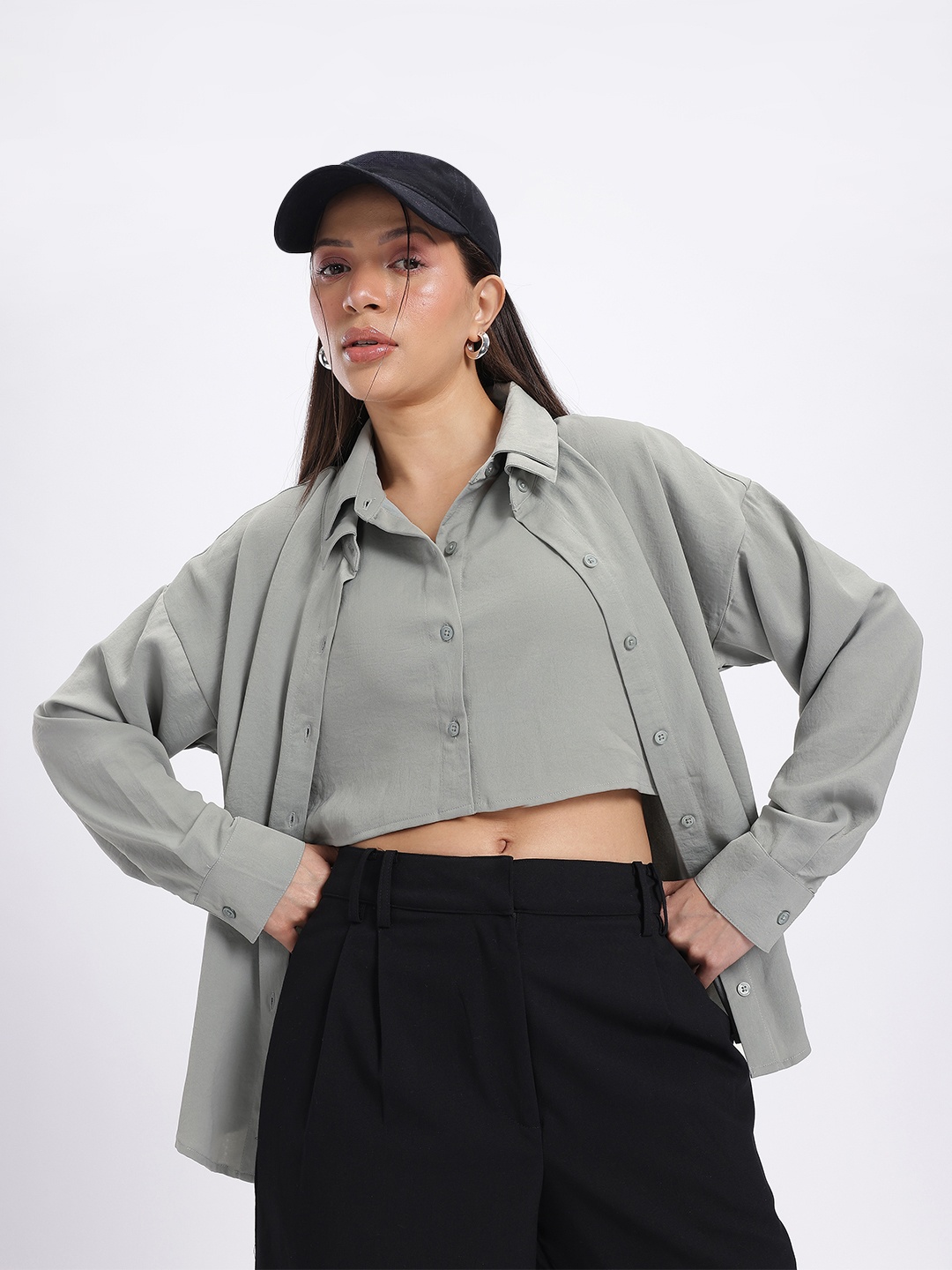 

glitchez Layered Luxe Attached Shirt Relaxed Fit Shirt, Grey