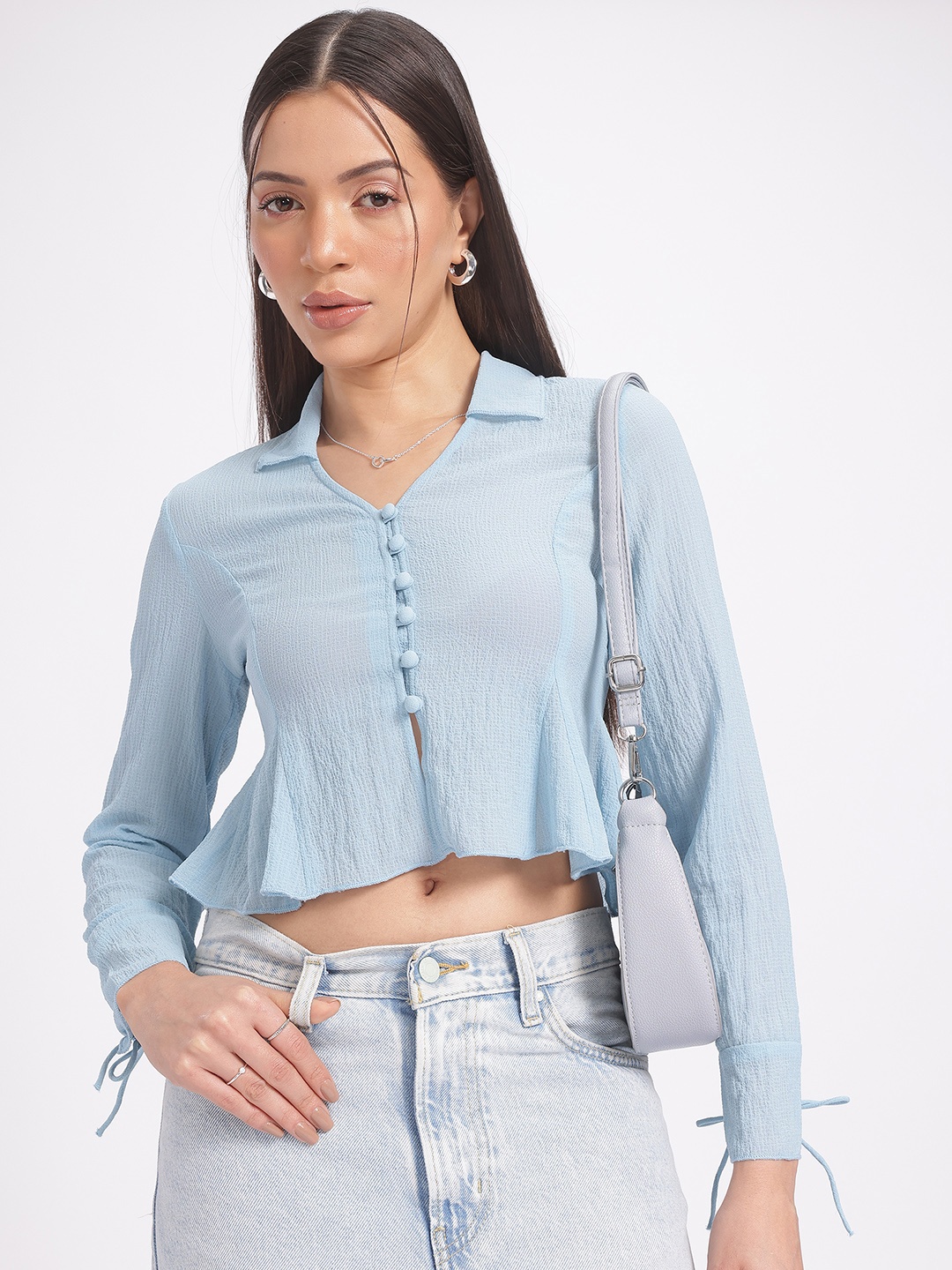 

glitchez Girly Glam Textured Cropped Peplum Top, Blue