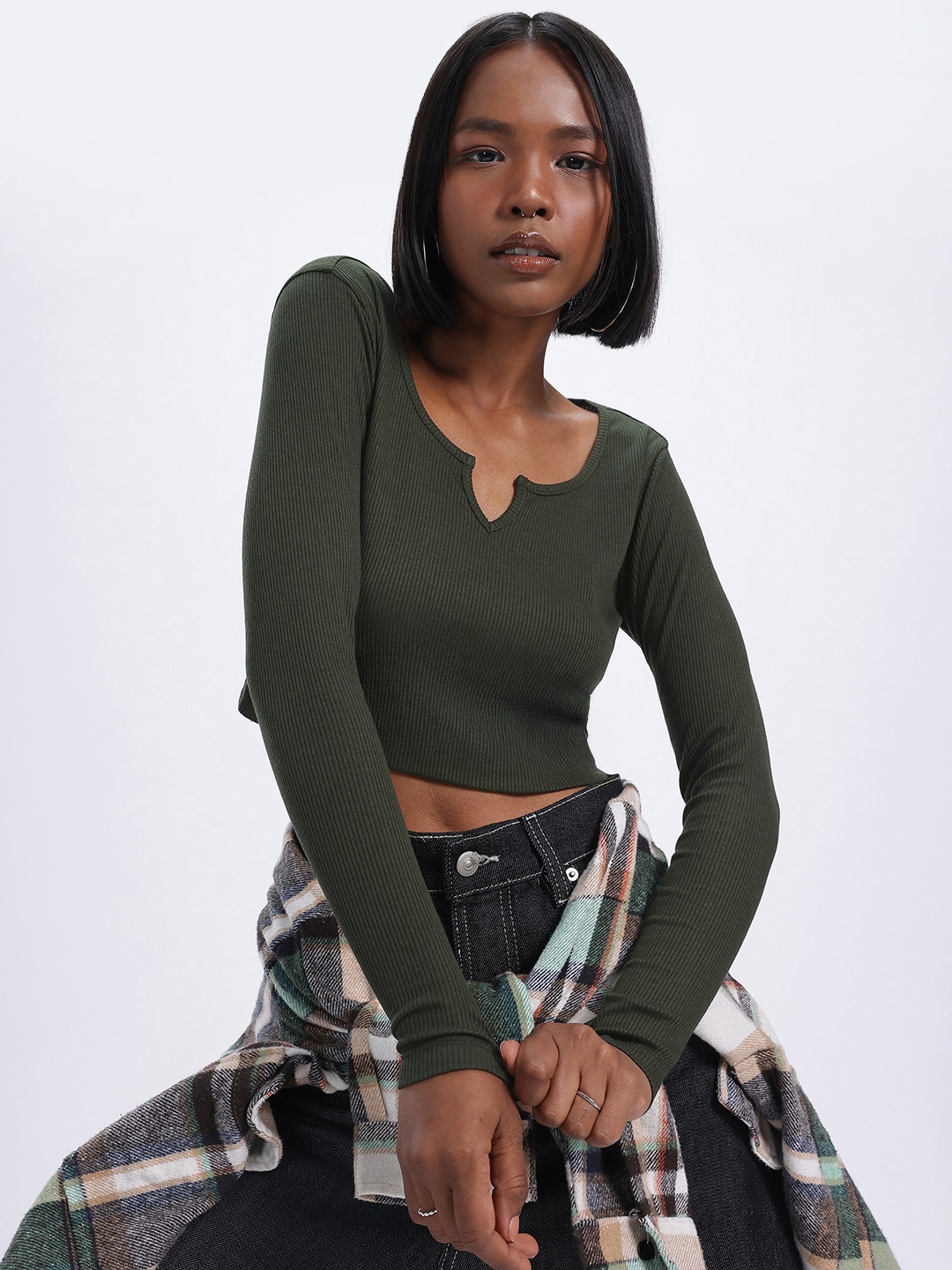 

glitchez Skinny & Sleek Ribbed Crop Fitted Top, Olive