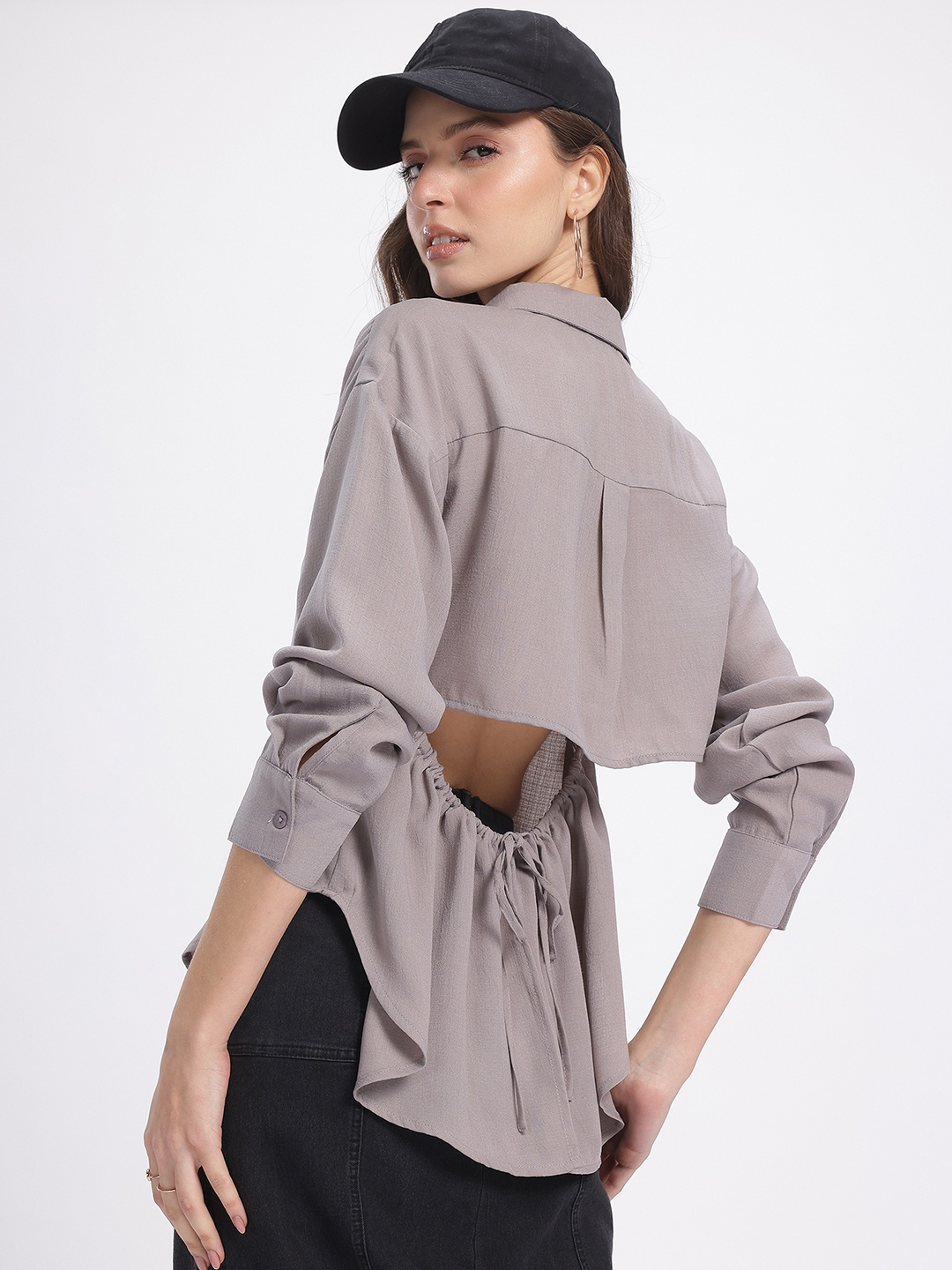 

glitchez Tie-Up Twist Cut-Out Relaxed Shirt Style Top, Grey