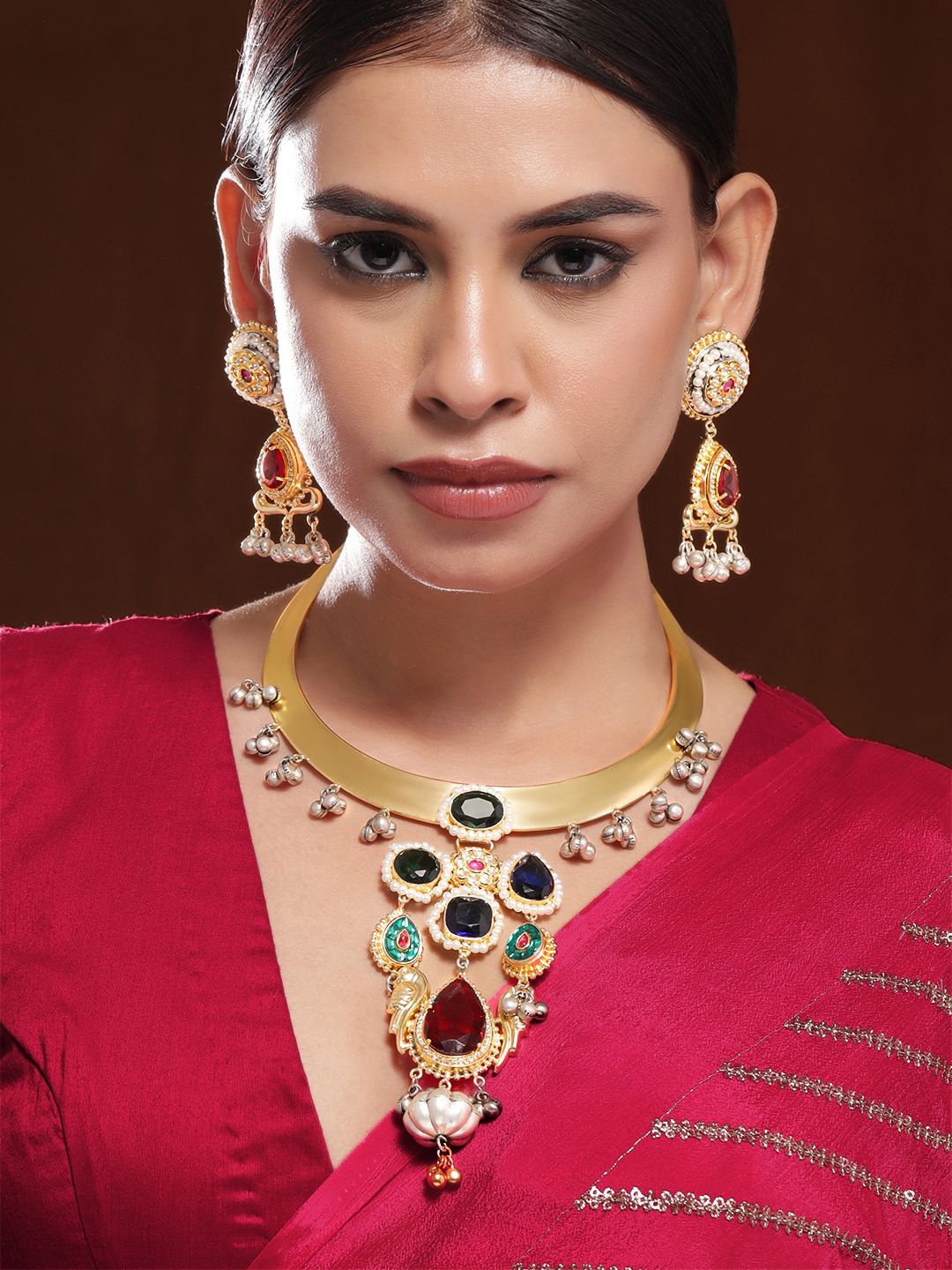 

Rubans 22K Gold-Plated Ruby,Emerald & Blue Stone Studded Choker Set with Gold-Silver Beads