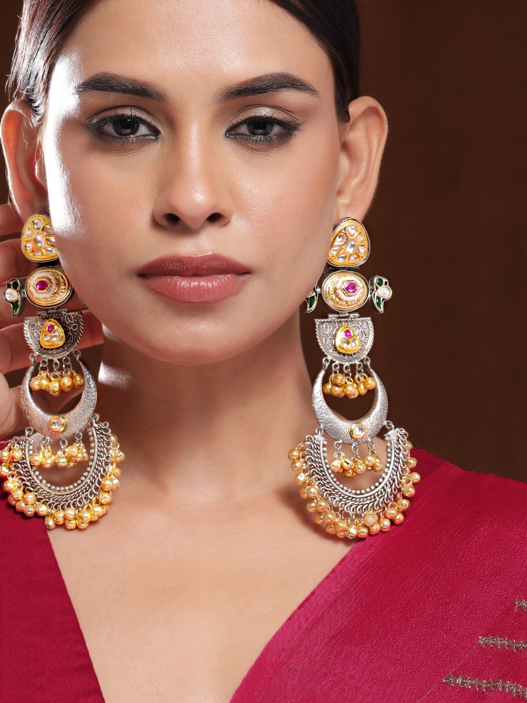 

Rubans Oxidised Silver & Gold-Plated Long Chandbali with Kundan, Ruby,Emerald & Gold Beads