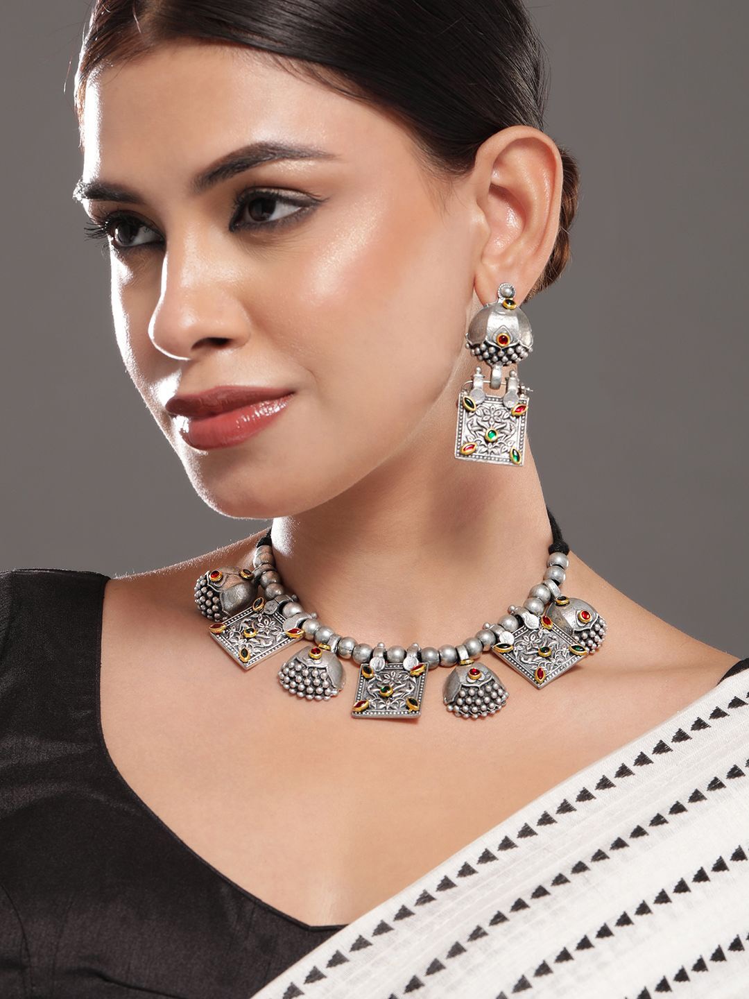 

Rubans Oxidised Silver-Plated Choker Necklace Set with Square Motif, Ruby & Emerald Accent