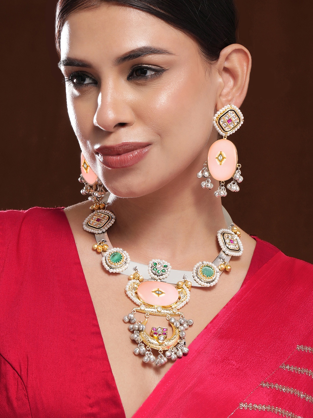 

Rubans Dual-Plated Silver & Gold Choker NecklaceSet with Emerald,Kundan & Silver-Gold Bead