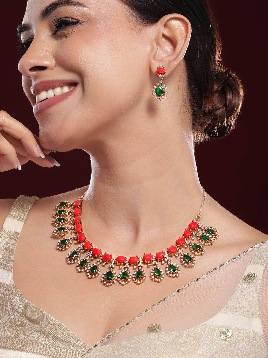 

Rubans 22K Gold-Plated Orange & Emerald Dark Green Stones with Cubic Zirconia Necklace Set