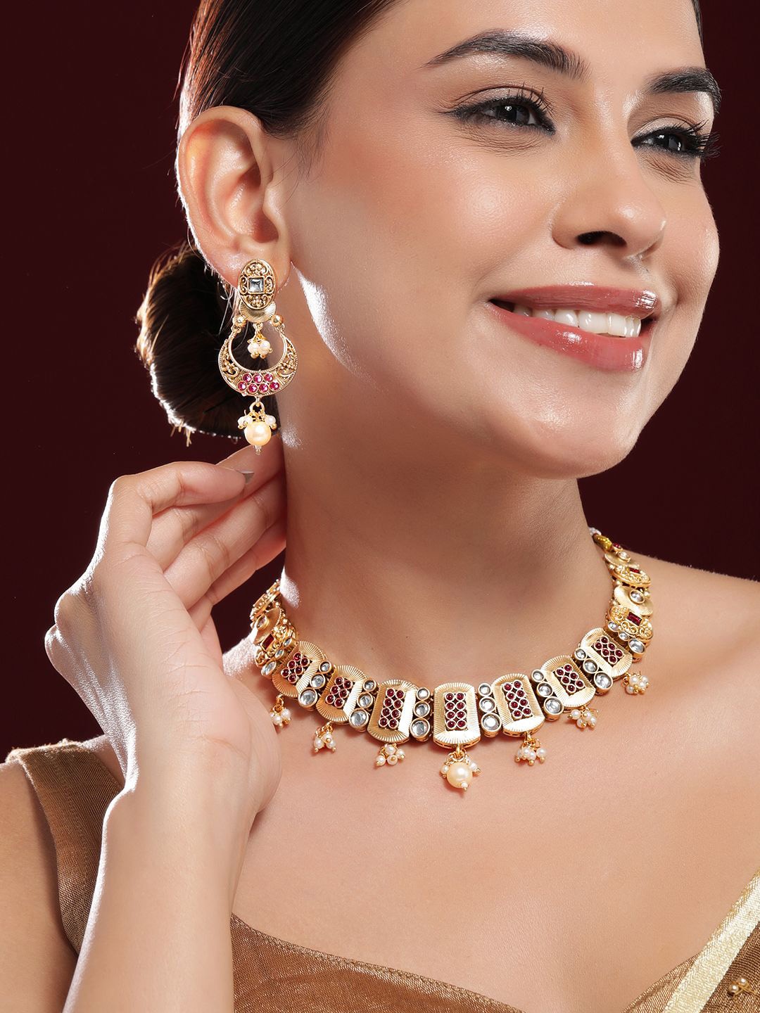 

Rubans 24K Gold-Plated Ruby, Kundan Studded & Pearl Drops Rectangle Motif Necklace Set