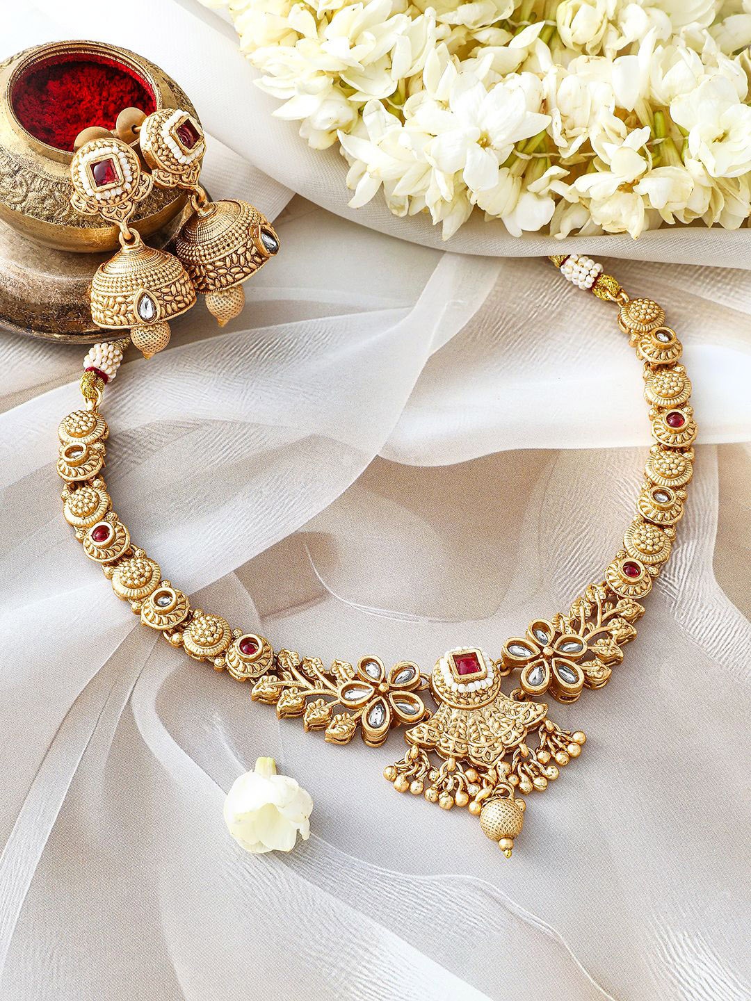 

Rubans 24K Gold-Plated Ruby & Kundan Studded Floral Design Necklace Set with Jhumkas