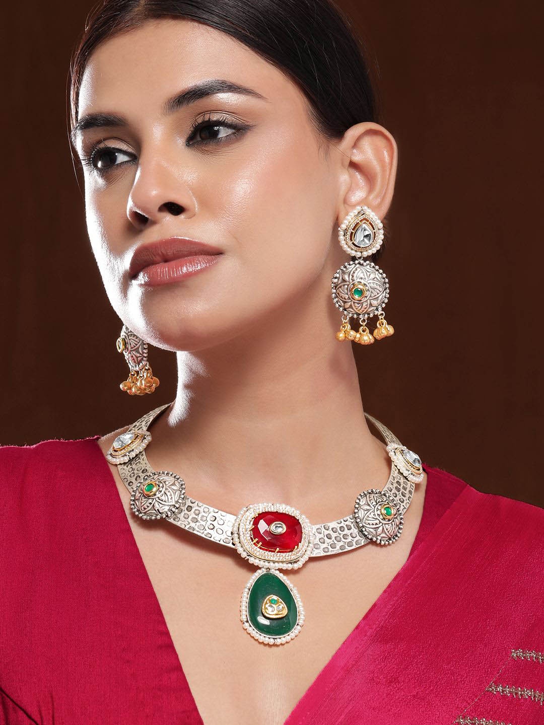 

Rubans Oxidised Silver-Plated Choker Necklace Set with Ruby, Emerald, Pearl & Gold Beads