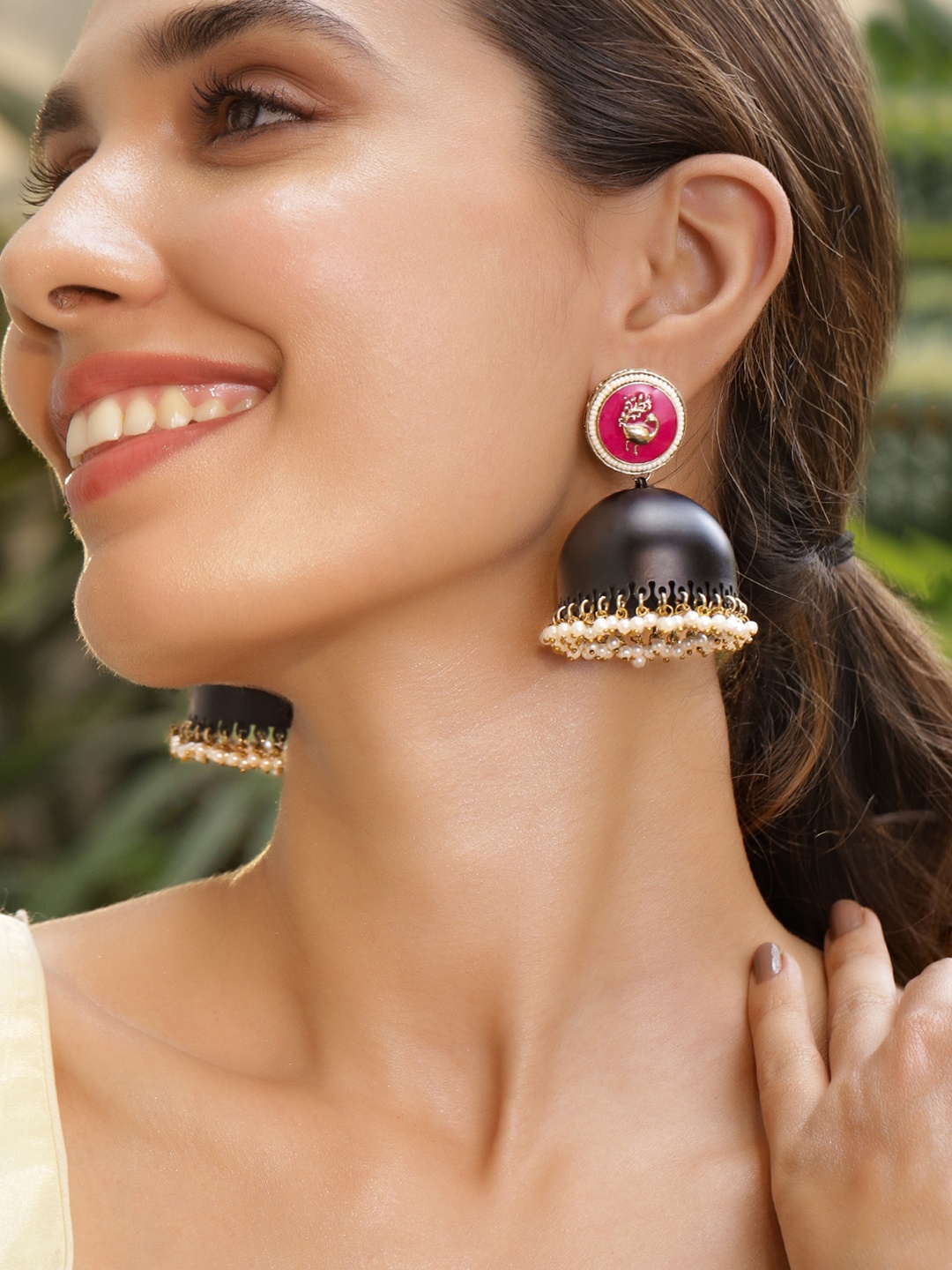 

Rubans 18K Gold-Plated Black Enamelled Jhumka Earrings with Ruby-Pink Accent & Pearl Beads