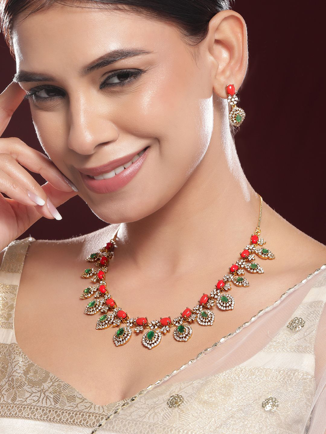 

Rubans 22K Gold-Plated Orange & Emerald Green Stone with White CubicZirconia Jewellery Set