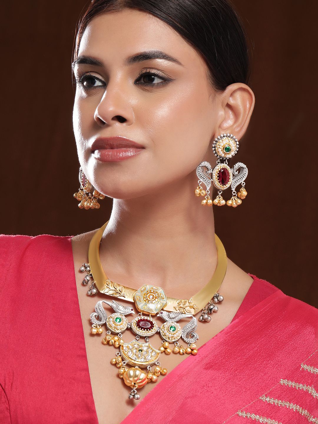 

Rubans Dual-Plated Silver & Gold Choker Set with Ruby,Emerald,Kundan & Gold-Silver Beads