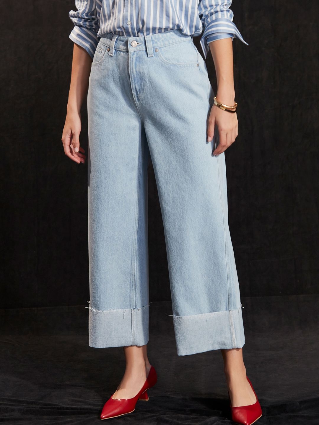 

NEXT Women Pure Cotton Wide Leg High-Rise Cropped Jeans, Blue