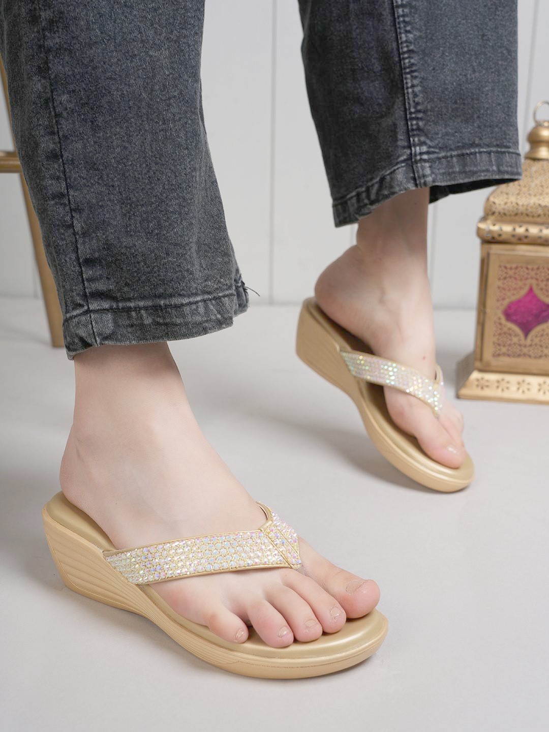 

Anouk Women Embellished Open Toe Party Wedge Sandals, Gold