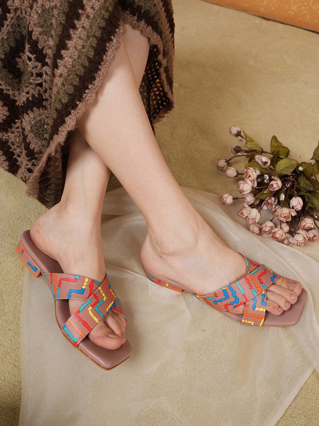 

Mast & Harbour Women Colourblocked Square Toe Block Heel Sandals, Peach