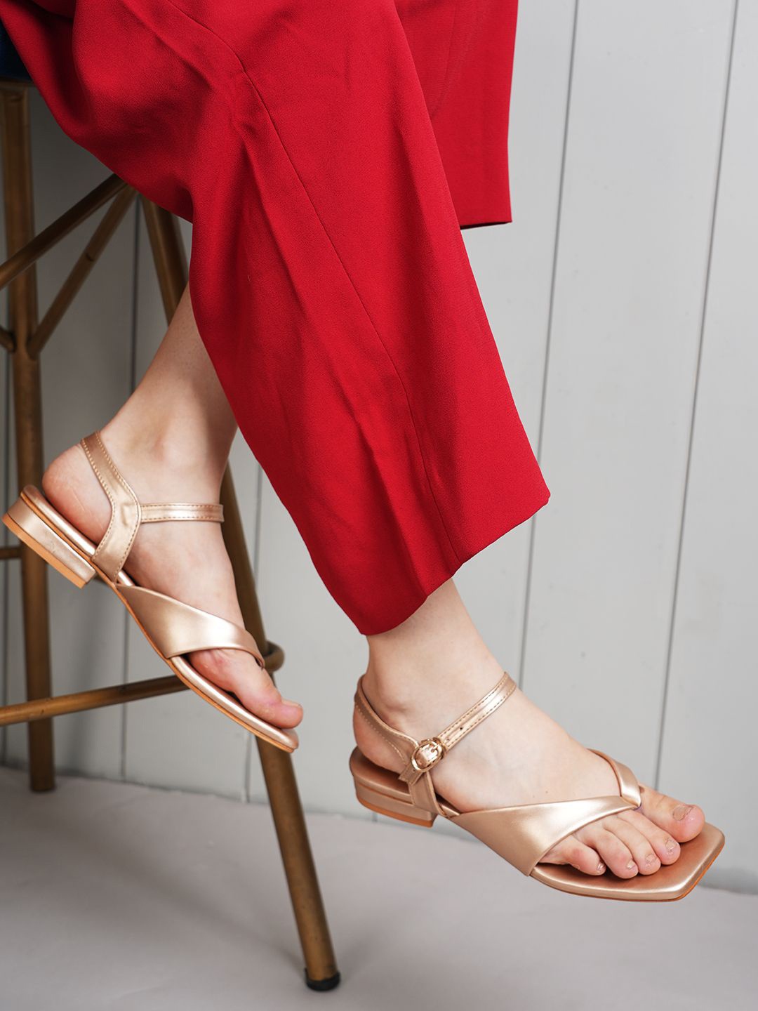 

Mast & Harbour Women Square Toe Block Heel Sandals, Rose gold