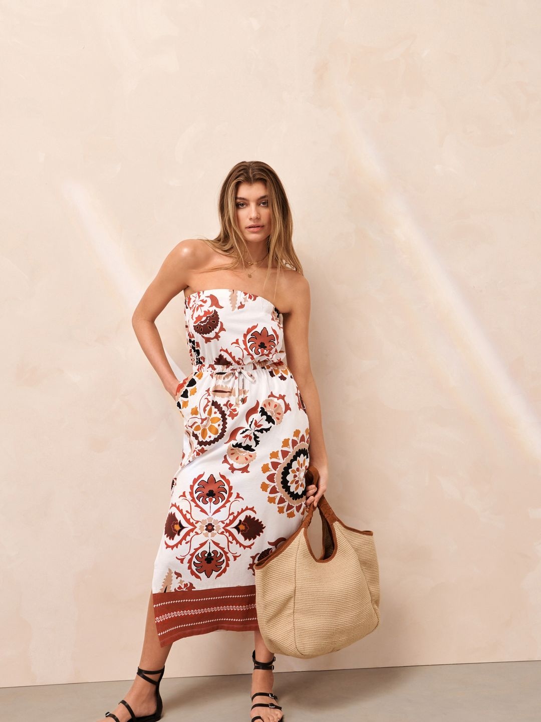 

NEXT Pure Cotton Ethnic Motifs Print Maxi Bandeau Dress, White