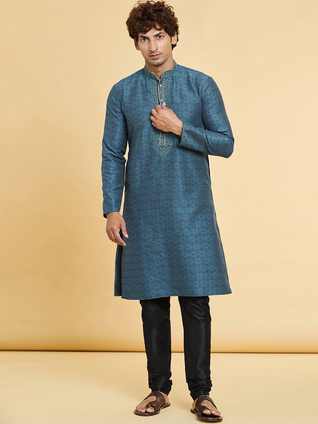 

Arihant Rai Sinha Mandarin Collar Floral Woven Design Straight Kurta with Churidar, Teal