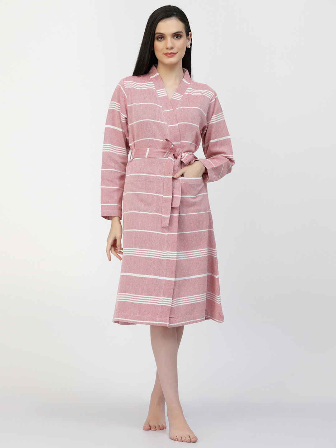 

KLOTTHE Striped Printed Pocket Detailing Woolen Bath Robe With Belt, Red