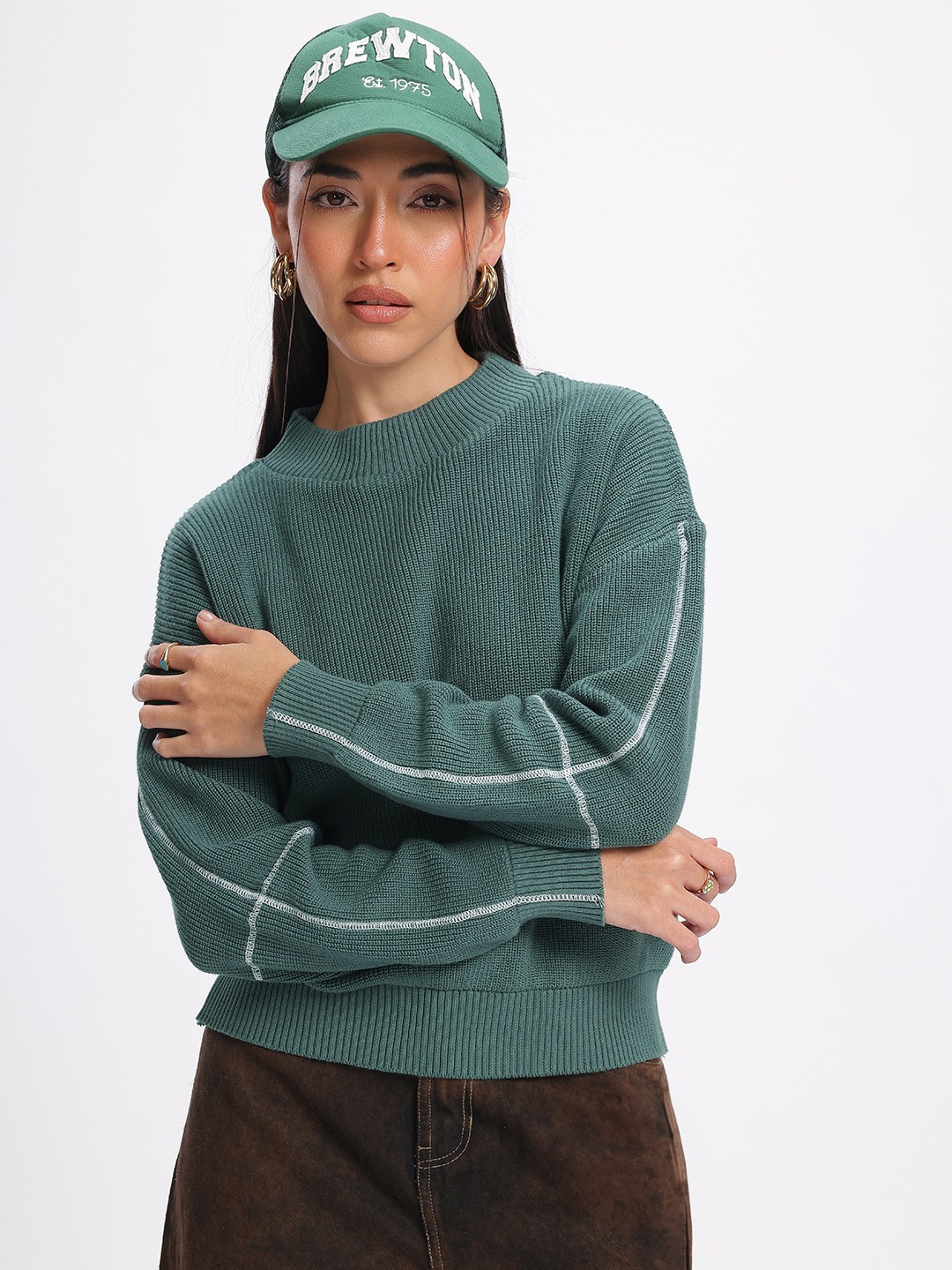 

glitchez Rib-N-Knit Drop-Shoulder Sleeves Pure Cotton Relaxed Fit Crop Sweater, Green
