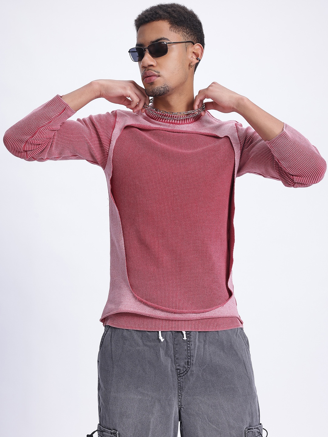 

glitchez Edgy Cut-Out Ribbed Relaxed Pullover, Pink