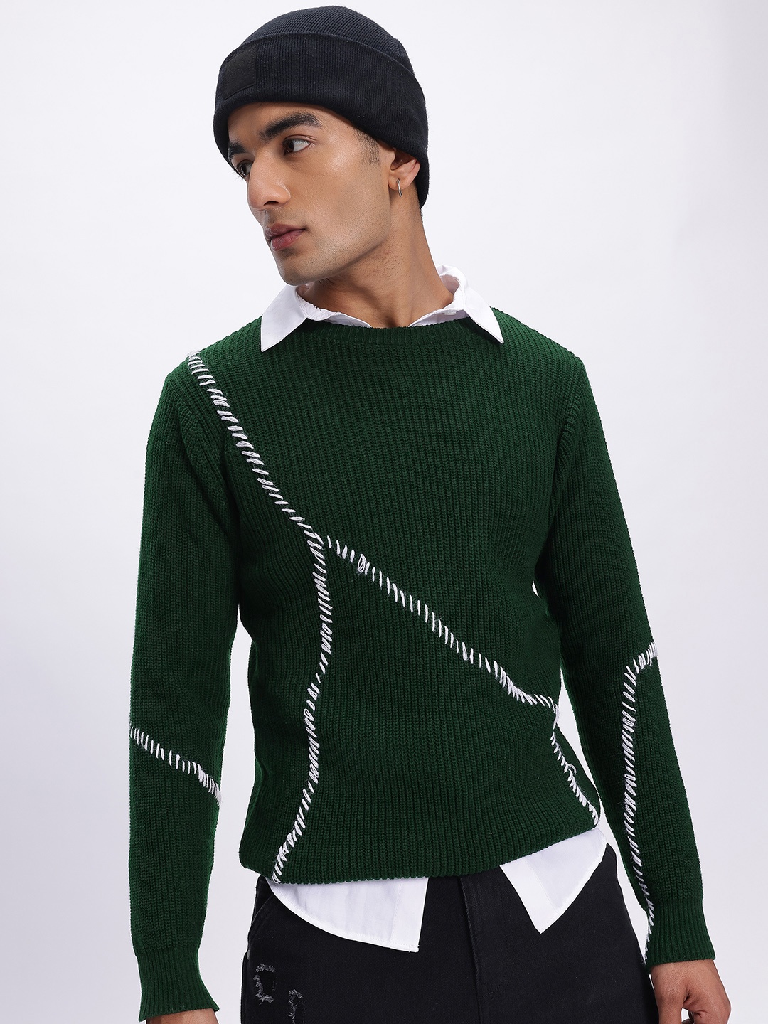 

glitchez Cozy Texture Embroidered Detail Relaxed Fit Acrylic Pullover, Green